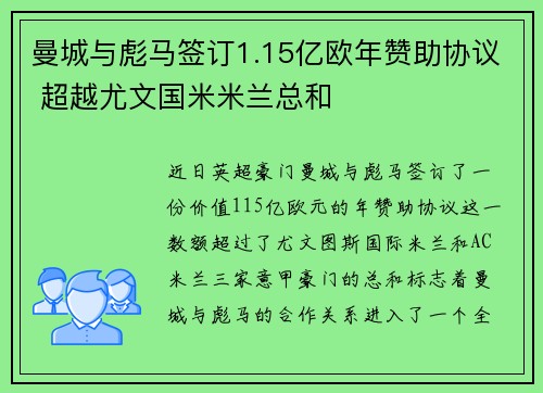 曼城与彪马签订1.15亿欧年赞助协议 超越尤文国米米兰总和