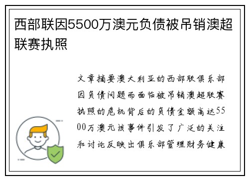 西部联因5500万澳元负债被吊销澳超联赛执照
