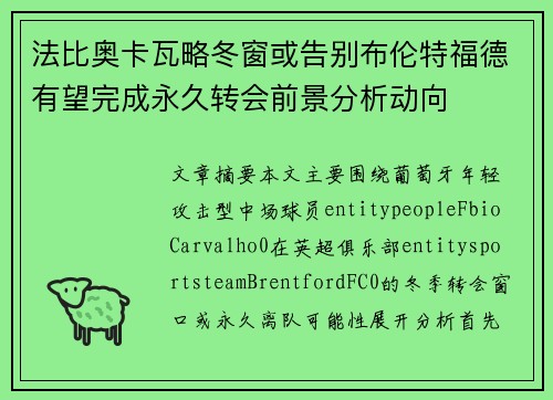 法比奥卡瓦略冬窗或告别布伦特福德有望完成永久转会前景分析动向
